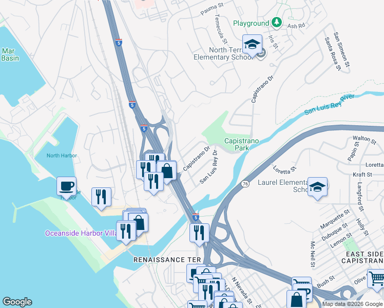 map of restaurants, bars, coffee shops, grocery stores, and more near 614 Monterey Drive in Oceanside