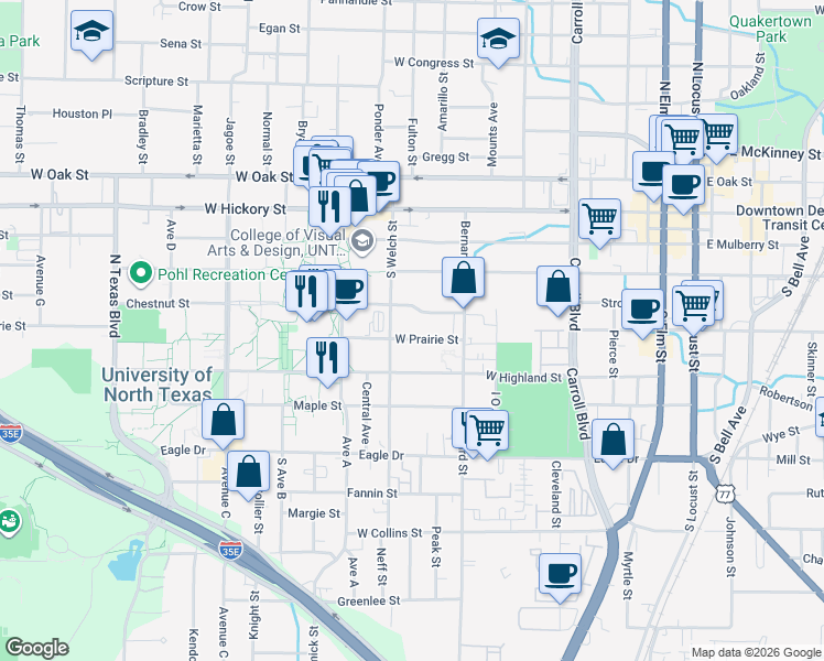 map of restaurants, bars, coffee shops, grocery stores, and more near 1002 West Highland Street in Denton
