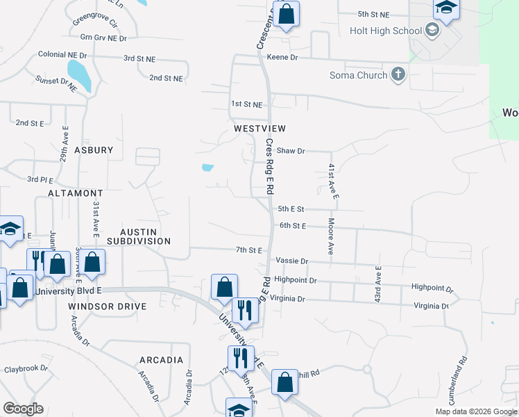map of restaurants, bars, coffee shops, grocery stores, and more near 558 Crescent Lane in Tuscaloosa