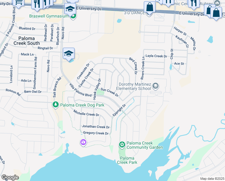 map of restaurants, bars, coffee shops, grocery stores, and more near 2505 Sun Creek Drive in Little Elm