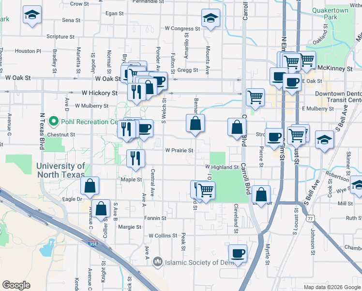 map of restaurants, bars, coffee shops, grocery stores, and more near 930 West Prairie Street in Denton