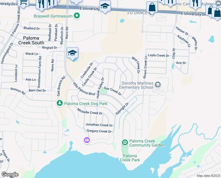 map of restaurants, bars, coffee shops, grocery stores, and more near 2505 Sun Creek Drive in Little Elm