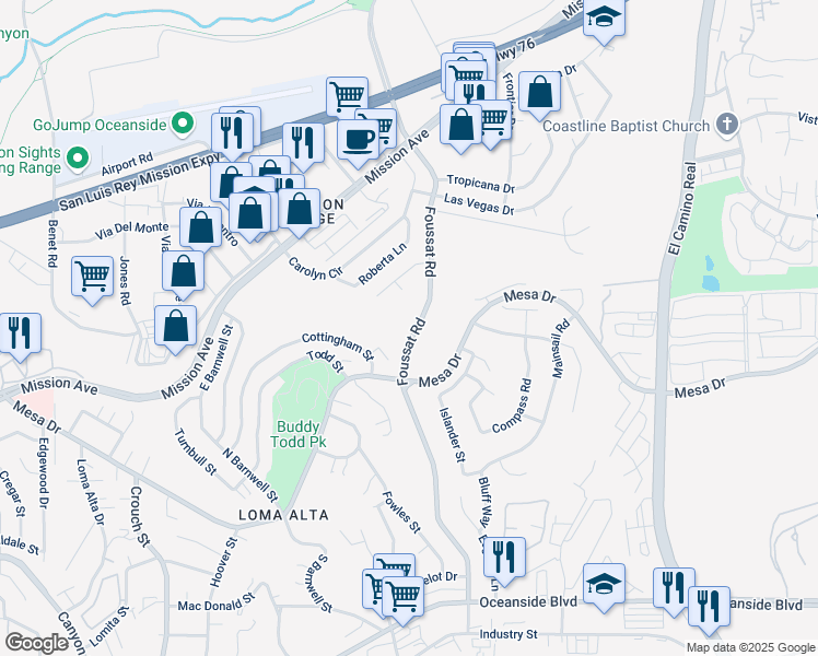 map of restaurants, bars, coffee shops, grocery stores, and more near 201 Foussat Road in Oceanside