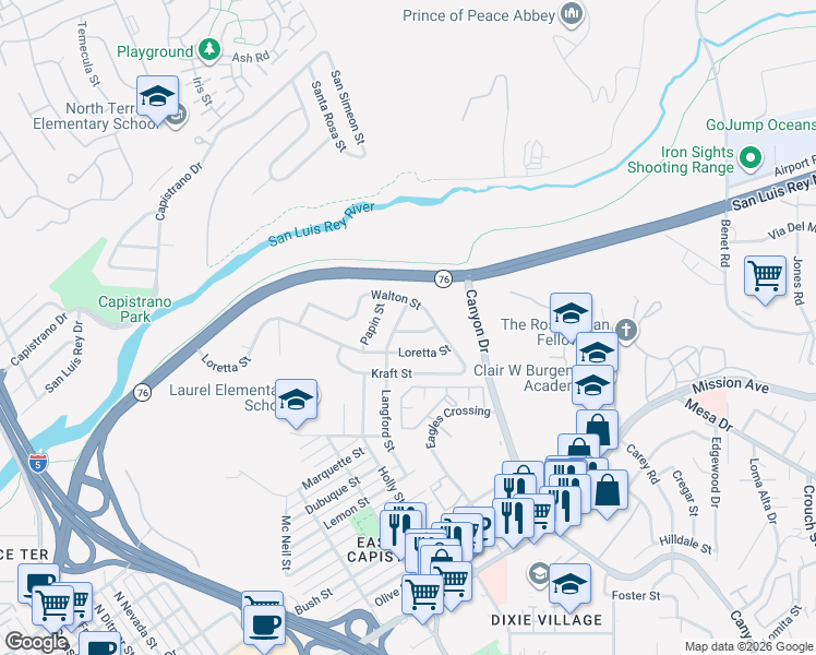 map of restaurants, bars, coffee shops, grocery stores, and more near 1647 Walton Street in Oceanside