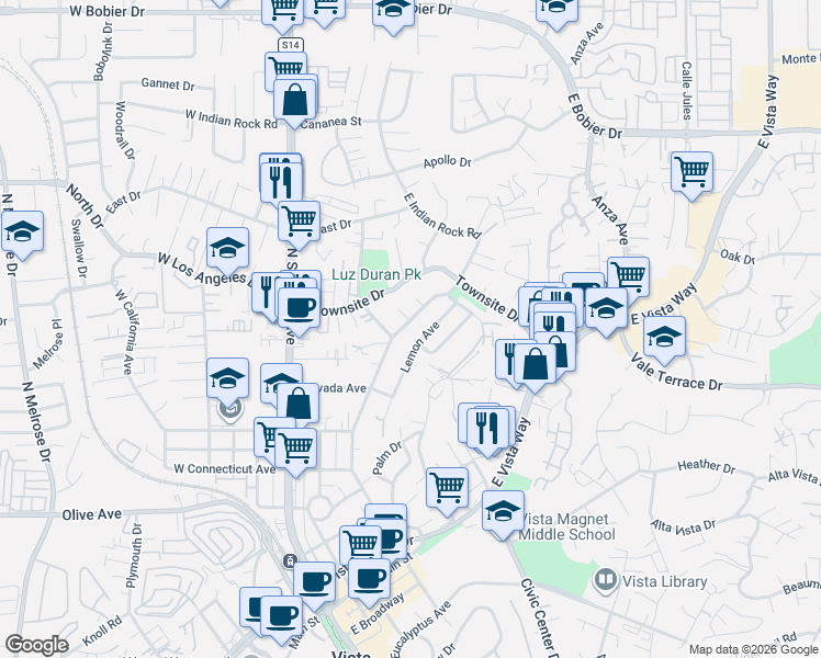 map of restaurants, bars, coffee shops, grocery stores, and more near 578 East Indian Rock Road in Vista