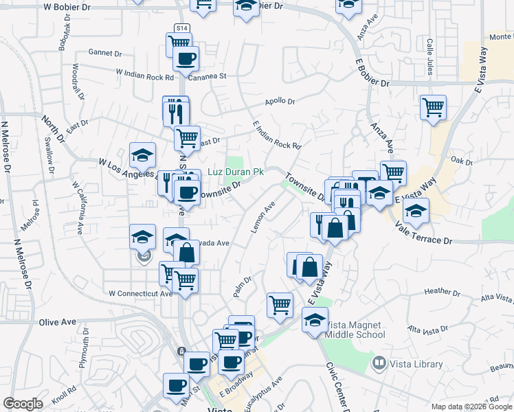 map of restaurants, bars, coffee shops, grocery stores, and more near 803 Duo Court in Vista