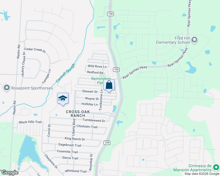 map of restaurants, bars, coffee shops, grocery stores, and more near 9200 Remington Drive in Aubrey