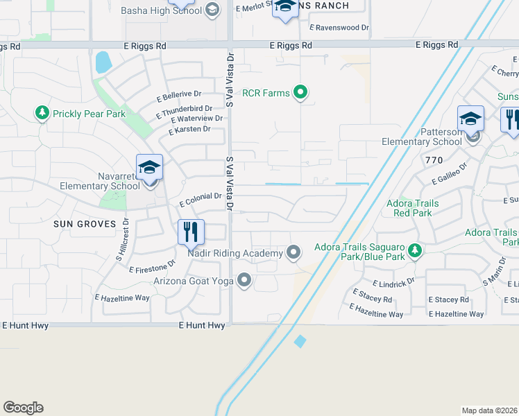 map of restaurants, bars, coffee shops, grocery stores, and more near 1708 East Everglade Lane in Gilbert