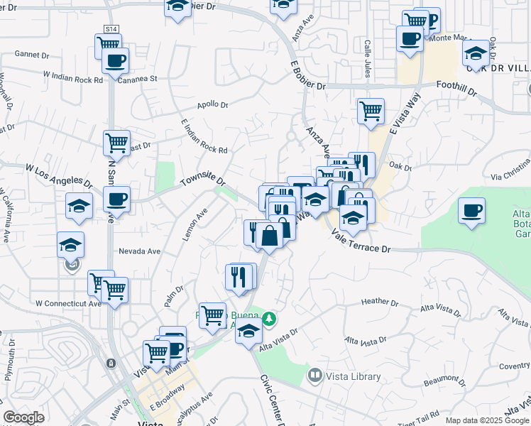 map of restaurants, bars, coffee shops, grocery stores, and more near 828 Newport Drive in Vista