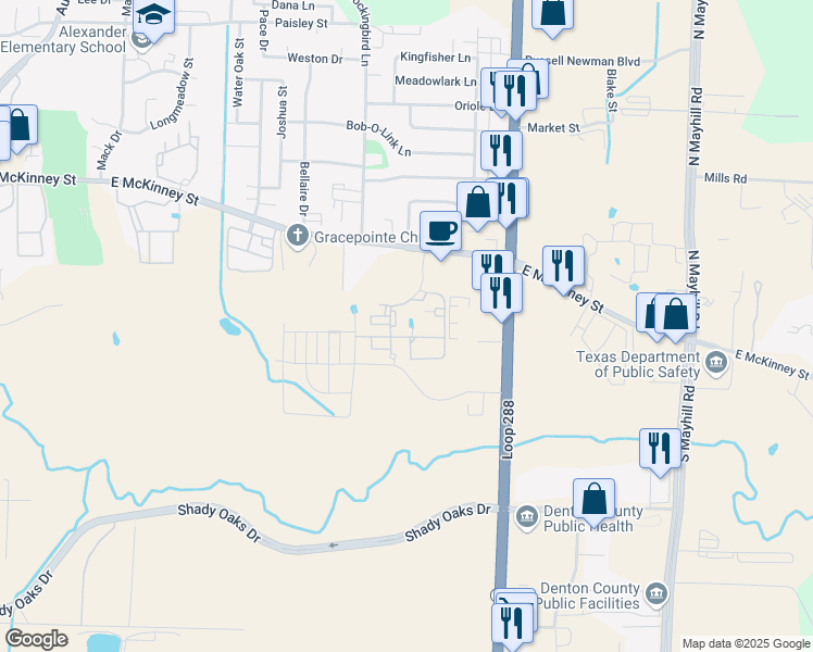map of restaurants, bars, coffee shops, grocery stores, and more near 3500 East McKinney Street in Denton