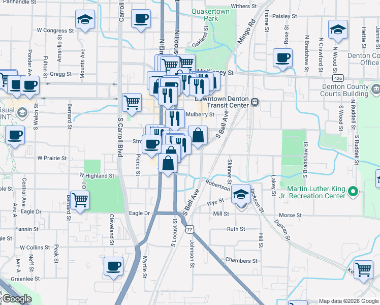 map of restaurants, bars, coffee shops, grocery stores, and more near 404 Industrial Street in Denton