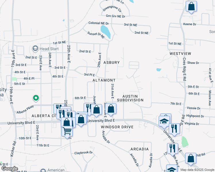 map of restaurants, bars, coffee shops, grocery stores, and more near 406 31st Avenue East in Tuscaloosa