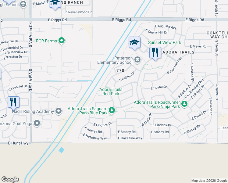 map of restaurants, bars, coffee shops, grocery stores, and more near 7632 South Sorrell Lane in Gilbert