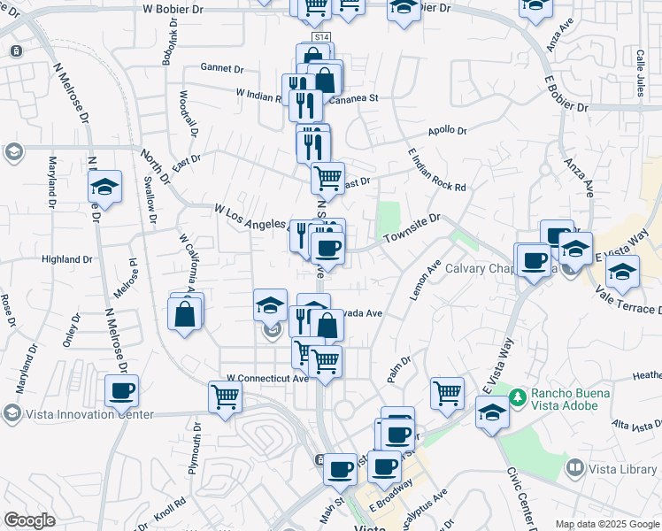 map of restaurants, bars, coffee shops, grocery stores, and more near 829 North Santa Fe Avenue in Vista
