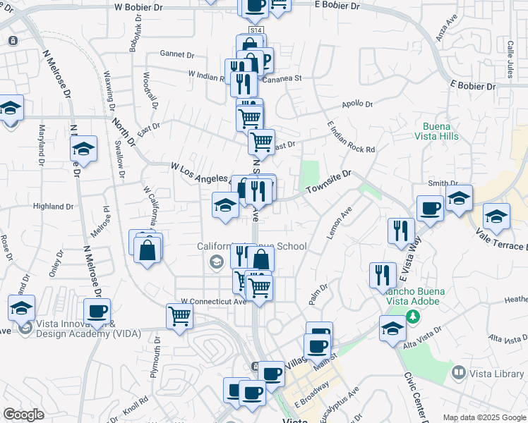 map of restaurants, bars, coffee shops, grocery stores, and more near 829 North Santa Fe Avenue in Vista