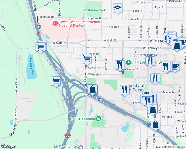 map of restaurants, bars, coffee shops, grocery stores, and more near 2425 Louise Street in Denton