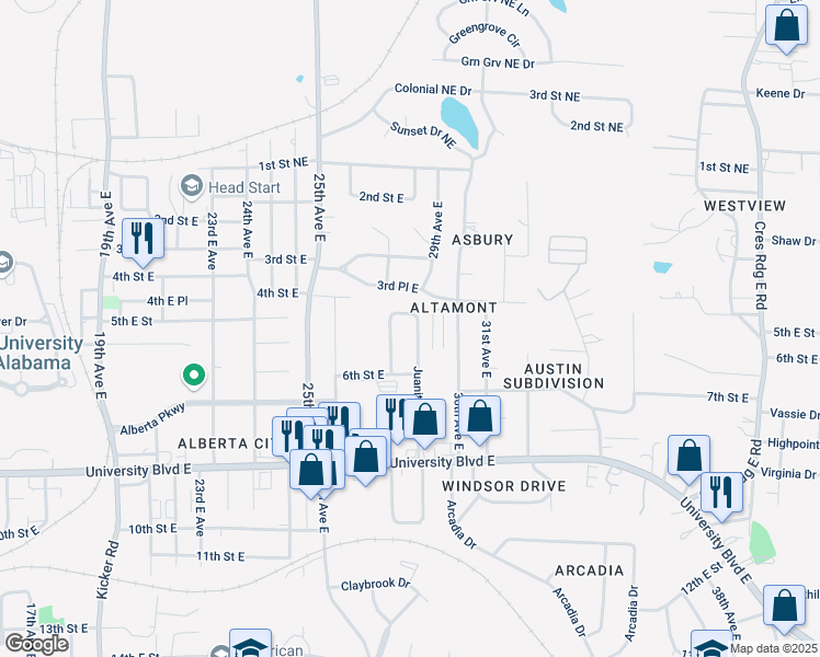 map of restaurants, bars, coffee shops, grocery stores, and more near 39 5th Street East in Tuscaloosa