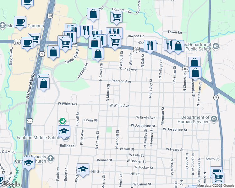 map of restaurants, bars, coffee shops, grocery stores, and more near 1504 North Waddill Street in McKinney