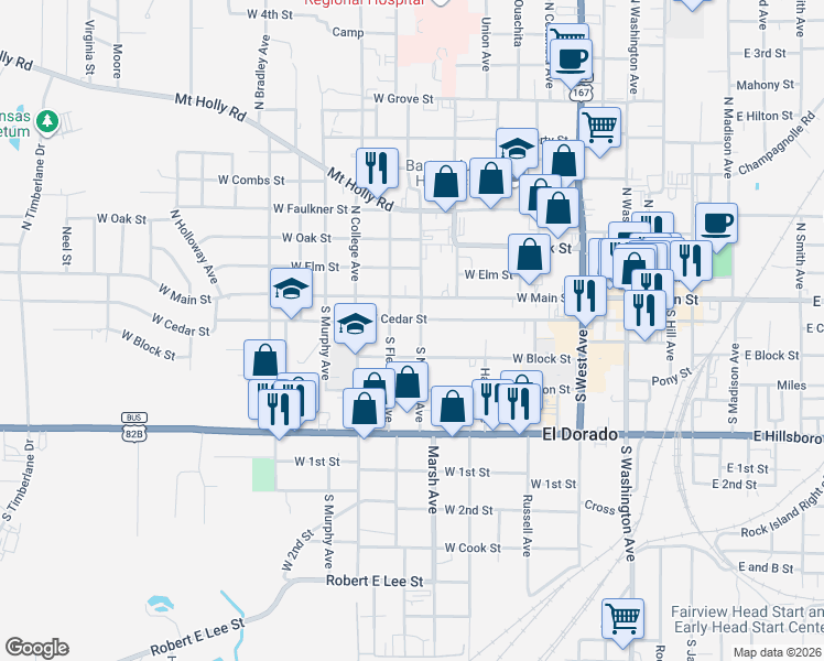 map of restaurants, bars, coffee shops, grocery stores, and more near 618 West Cedar Street in El Dorado