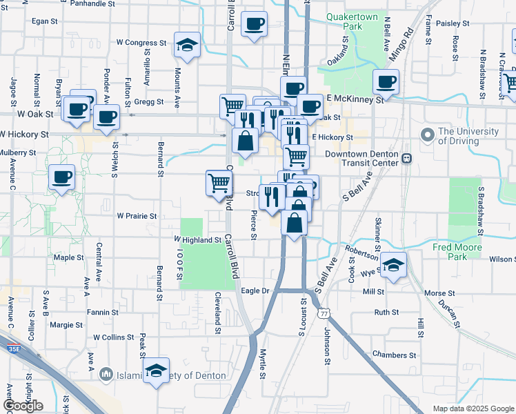 map of restaurants, bars, coffee shops, grocery stores, and more near 317 Stroud Street in Denton