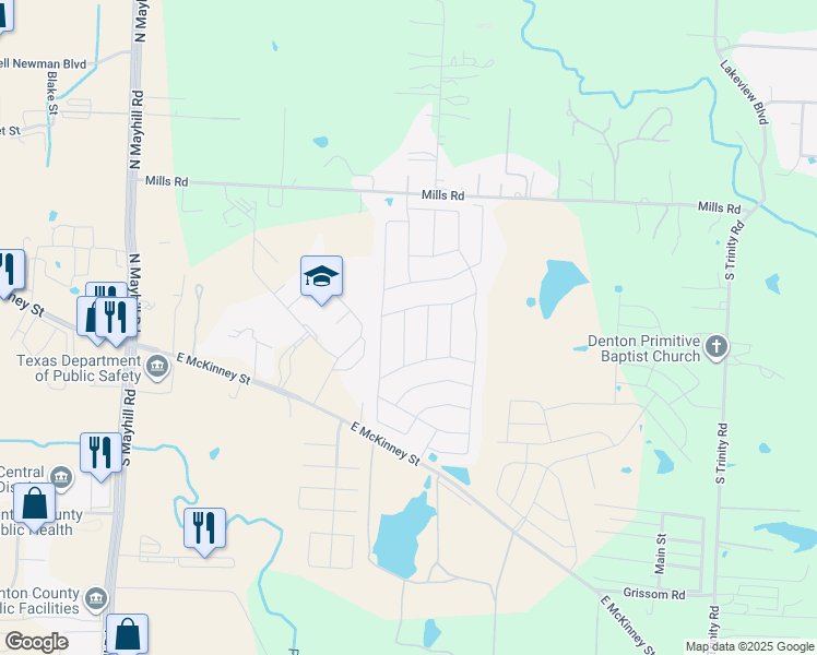 map of restaurants, bars, coffee shops, grocery stores, and more near 5301 East McKinney Street in Denton