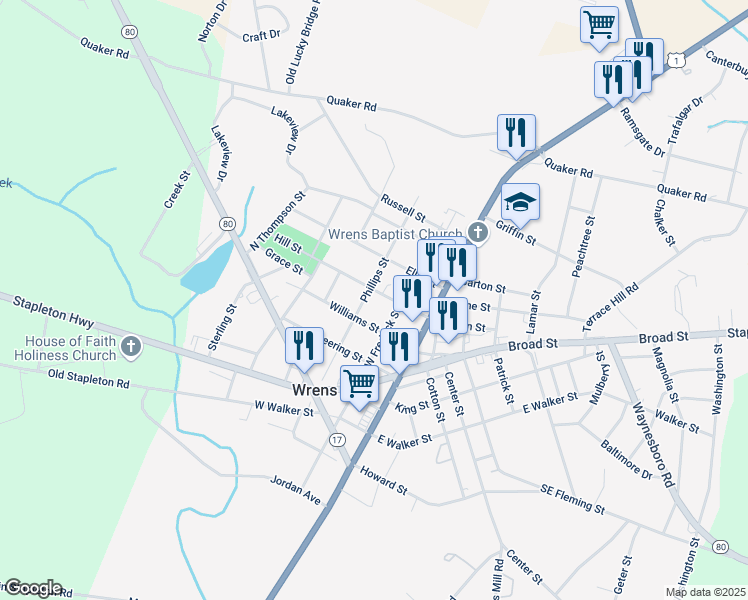 map of restaurants, bars, coffee shops, grocery stores, and more near 402 Phillips Street in Wrens