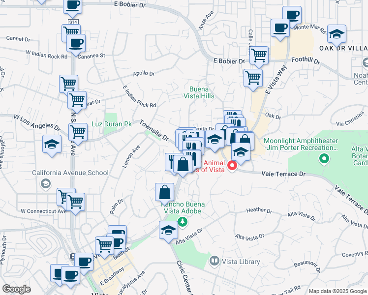 map of restaurants, bars, coffee shops, grocery stores, and more near 664 Townsite Drive in Vista