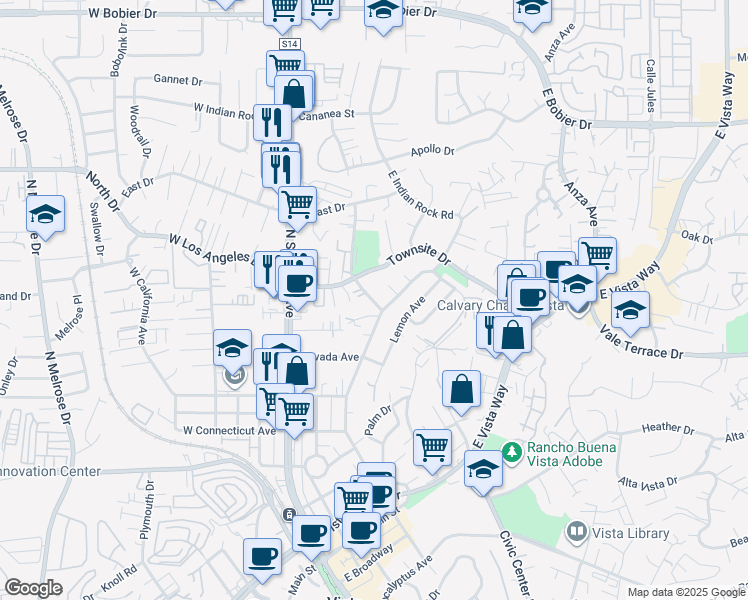 map of restaurants, bars, coffee shops, grocery stores, and more near 309 Townsite Drive in Vista