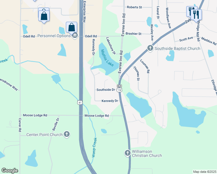map of restaurants, bars, coffee shops, grocery stores, and more near 107 Southside Drive in Griffin