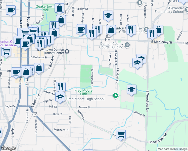 map of restaurants, bars, coffee shops, grocery stores, and more near 319 South Bradshaw Street in Denton