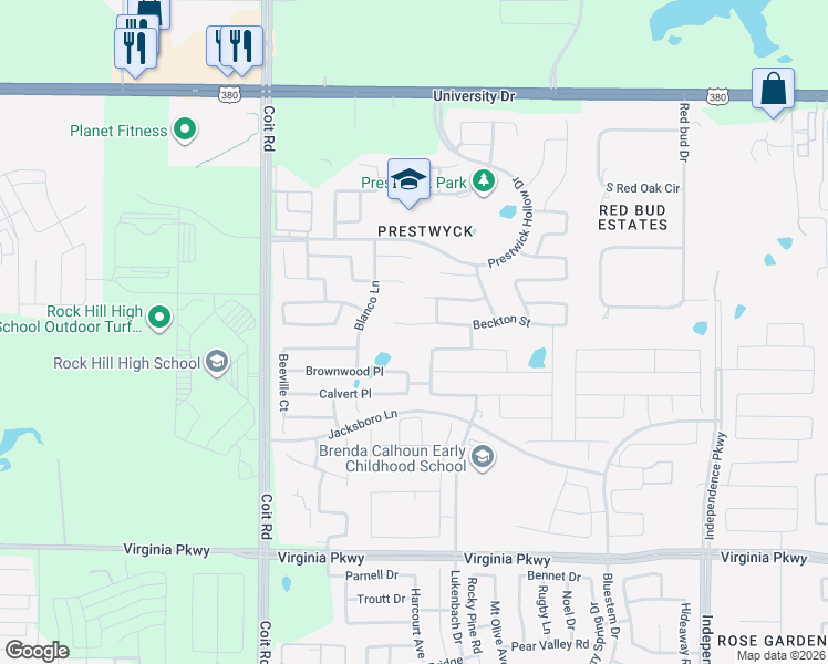 map of restaurants, bars, coffee shops, grocery stores, and more near 12004 Beckton Street in McKinney