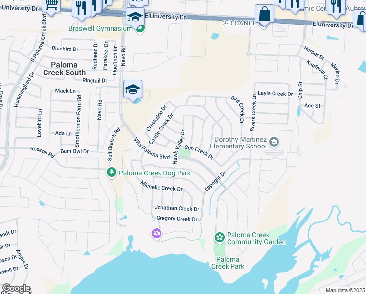 map of restaurants, bars, coffee shops, grocery stores, and more near 2313 Sun Creek Drive in Little Elm