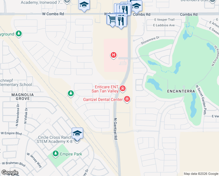 map of restaurants, bars, coffee shops, grocery stores, and more near 196 West Chaska Trail in San Tan Valley