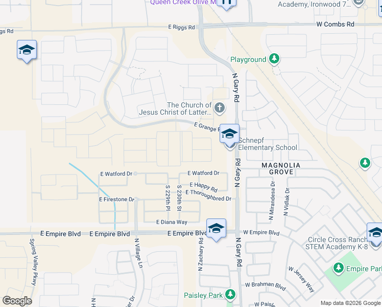 map of restaurants, bars, coffee shops, grocery stores, and more near 25832 South 229th Place in Queen Creek
