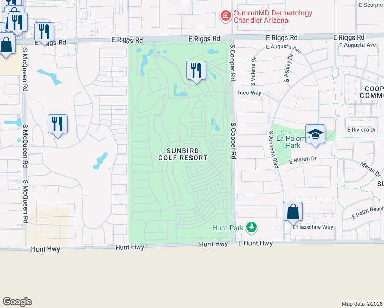 map of restaurants, bars, coffee shops, grocery stores, and more near 1802 East Desert Inn Drive in Chandler