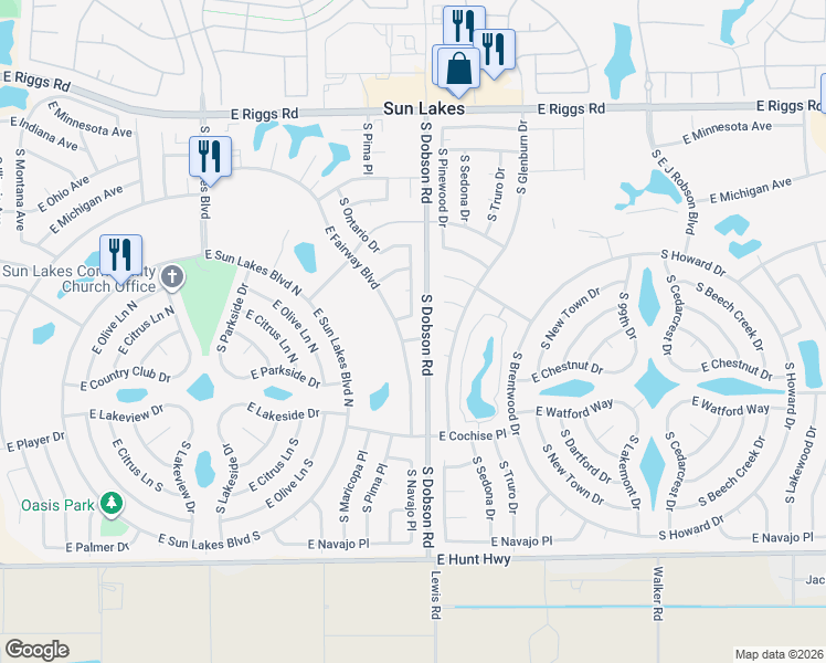 map of restaurants, bars, coffee shops, grocery stores, and more near 25833 South Ontario Drive in Sun Lakes