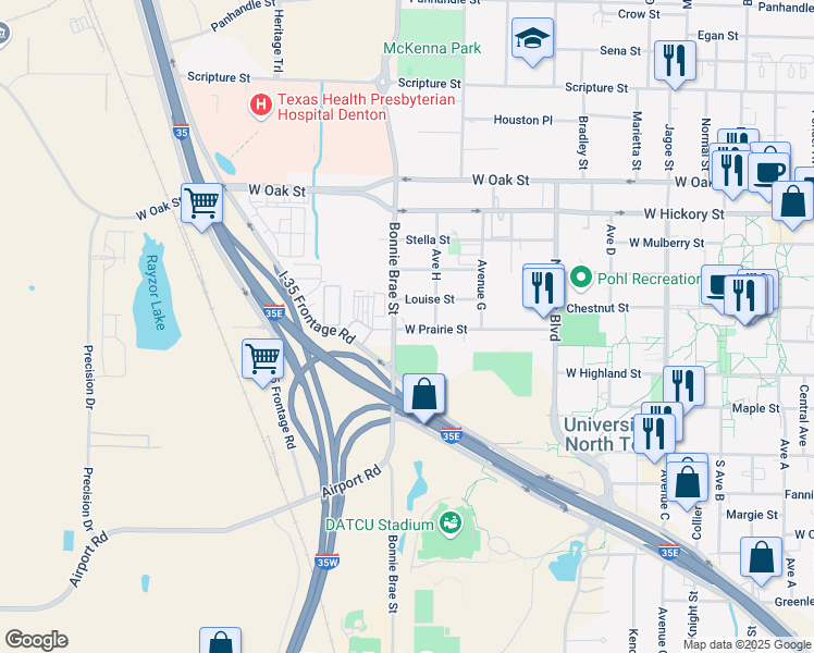 map of restaurants, bars, coffee shops, grocery stores, and more near 2526 West Prairie Street in Denton