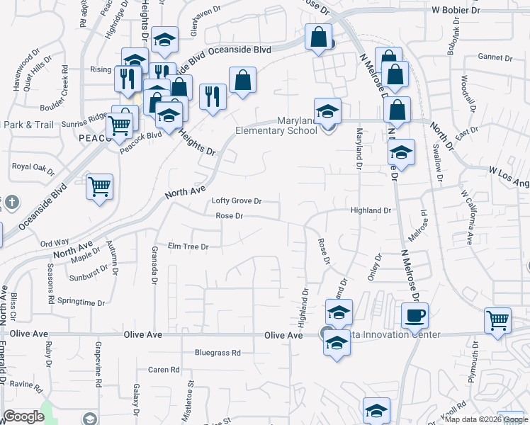 map of restaurants, bars, coffee shops, grocery stores, and more near 4723 Lofty Grove Drive in Oceanside