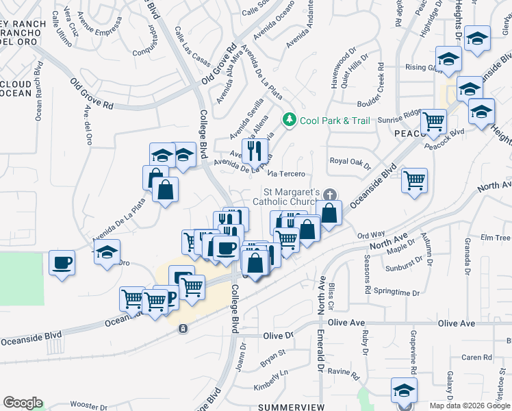 map of restaurants, bars, coffee shops, grocery stores, and more near 1899 Comanche Street in Oceanside