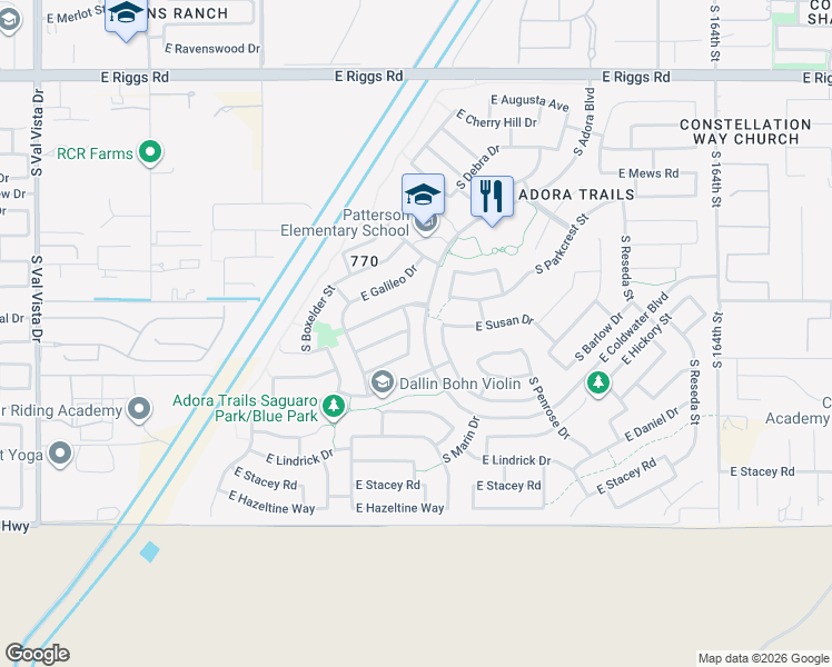map of restaurants, bars, coffee shops, grocery stores, and more near 7627 South Debra Drive in Gilbert