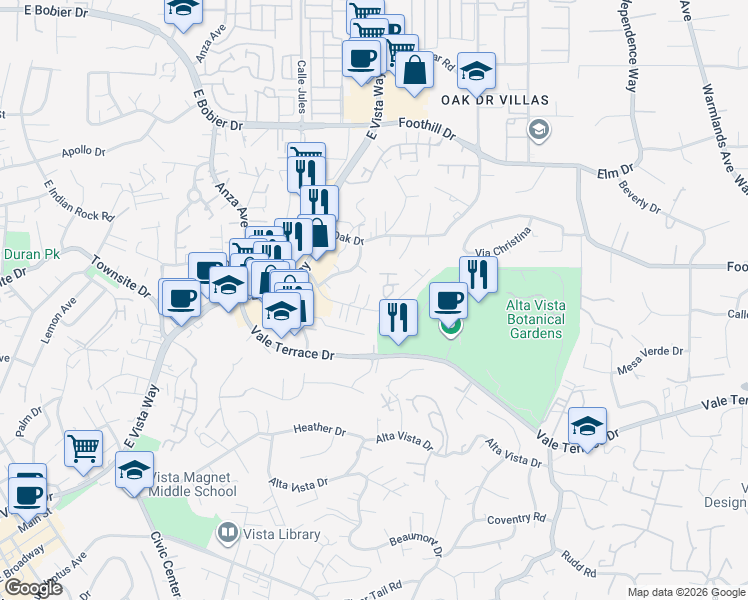 map of restaurants, bars, coffee shops, grocery stores, and more near 900 Donnan Place in Vista