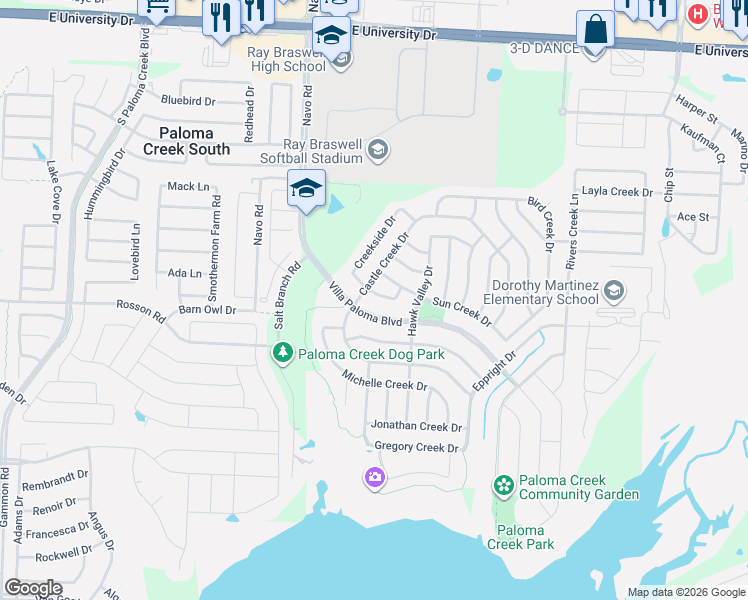 map of restaurants, bars, coffee shops, grocery stores, and more near 2108 Sun Creek Drive in Little Elm