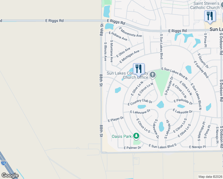 map of restaurants, bars, coffee shops, grocery stores, and more near 8897 East Fairway Boulevard in Sun Lakes