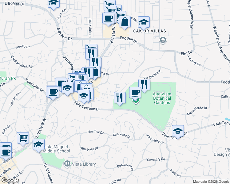 map of restaurants, bars, coffee shops, grocery stores, and more near 1120 Meadowlake Drive in Vista