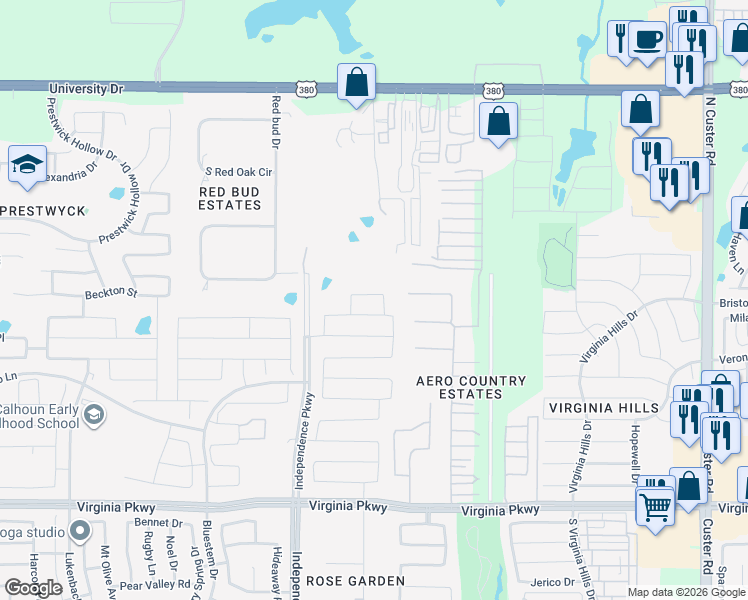 map of restaurants, bars, coffee shops, grocery stores, and more near 9808 Diamondback in McKinney