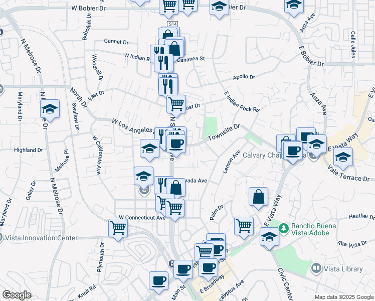map of restaurants, bars, coffee shops, grocery stores, and more near 210 Townsite Drive in Vista