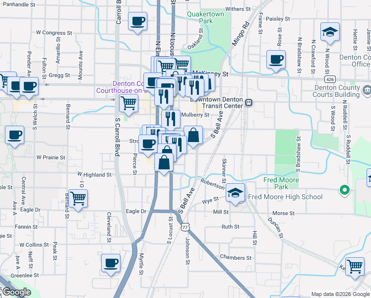 map of restaurants, bars, coffee shops, grocery stores, and more near 404 Industrial Street in Denton