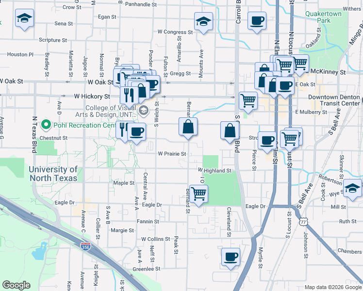 map of restaurants, bars, coffee shops, grocery stores, and more near 326 Bernard Street in Denton
