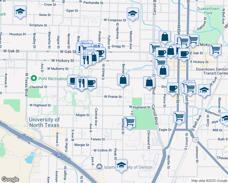 map of restaurants, bars, coffee shops, grocery stores, and more near 1000 West Chestnut Street in Denton