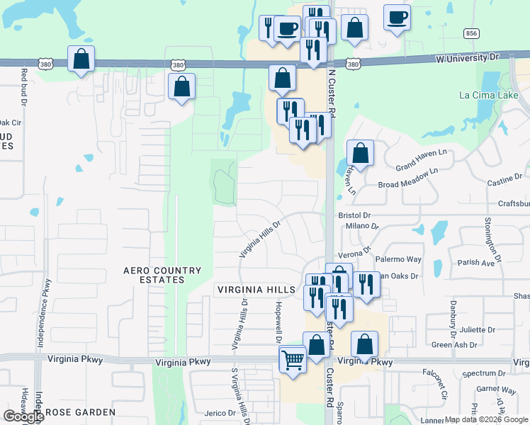 map of restaurants, bars, coffee shops, grocery stores, and more near 1016 Piedmont Drive in McKinney